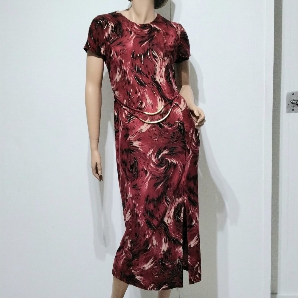 Amanda Lane USA Vintage Satiny Stretch Midi Dress Size 12 Burgundy Gold Decor